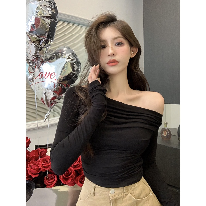 Red One-Shoulder Hot Girl Keinginan Murni Gaya Wanita Musim Semi Pendek Slim Lengan Panjang T-shirt Tanpa Tali Hitam Bottoming Shirt top