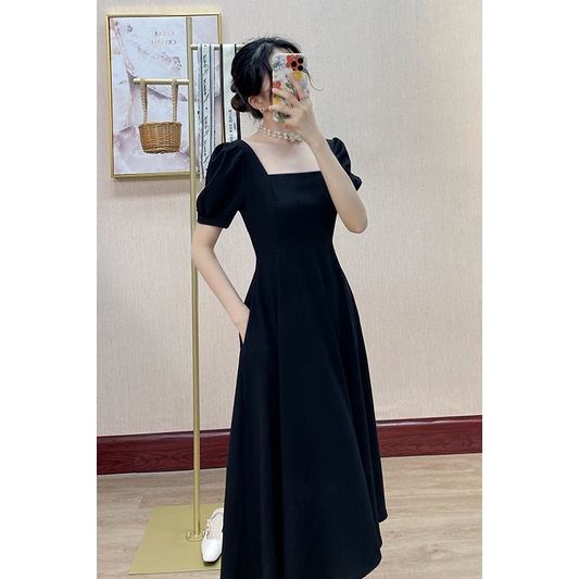 EUNII Versi Maxi Gaun hitam Minimalis Lengan Pendek Untuk Wanita Korean Style