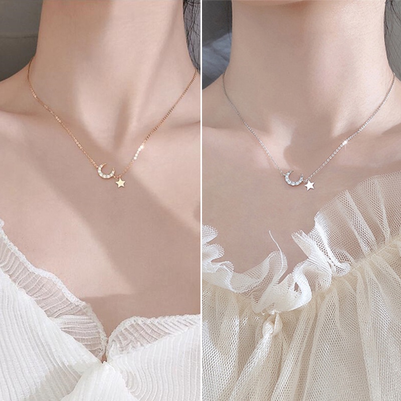 Rinhoo Fashion Wanita Bulan Bintang Full Berlian Liontin Pendek Kalung Emas Perak