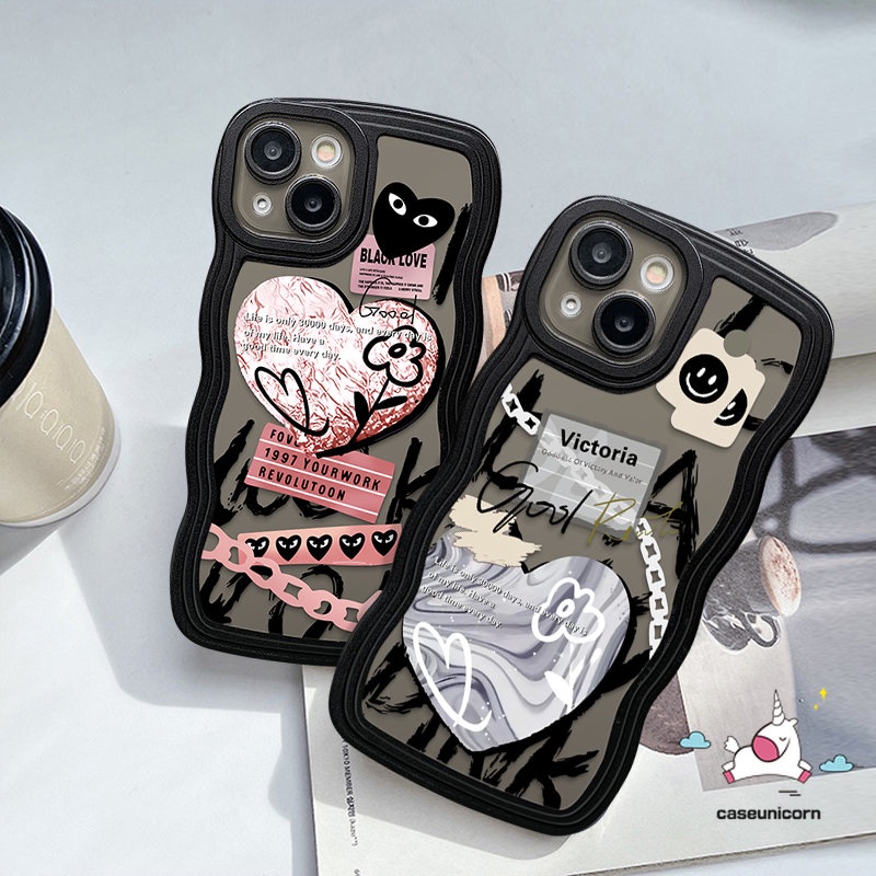 Ins Graffiti Phone Case Kompatibel Untuk iPhone 7plus 8plus 11 14 13 12 Pro Max 6 6s 8-7 Plus XR 14Plus X XS Max SE 2020 Lucu Cinta Hati Comme des Garcons Lembut TPU Cover