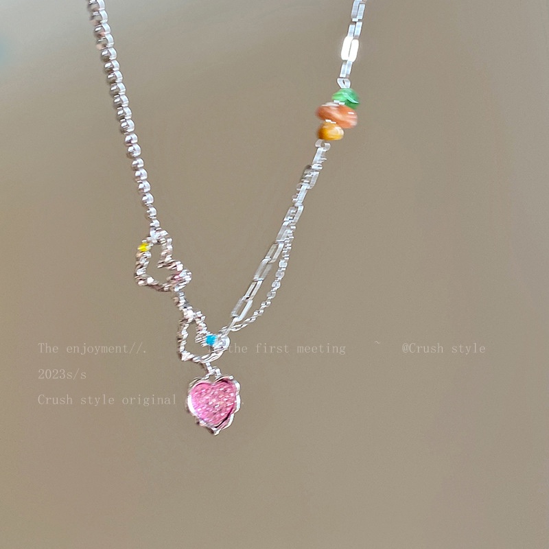 Set Kalung Geometris Hati Kristal Alloy Korea Untuk Wanita