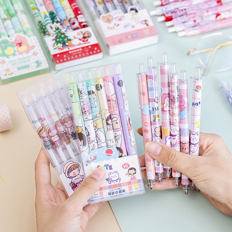 

6 pcs/SET Pulpen gel mekanik 0.5mm lucu Ballpoint Mechanic black ink kartun berbagai macam motif Pena sekolah kantor pelajar Pen asthetic