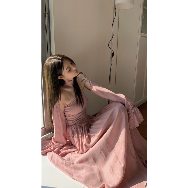 Red kumikumi pink lengan panjang pendek rajutan selendang wanita musim gugur pinggang slim tube top setelan rok