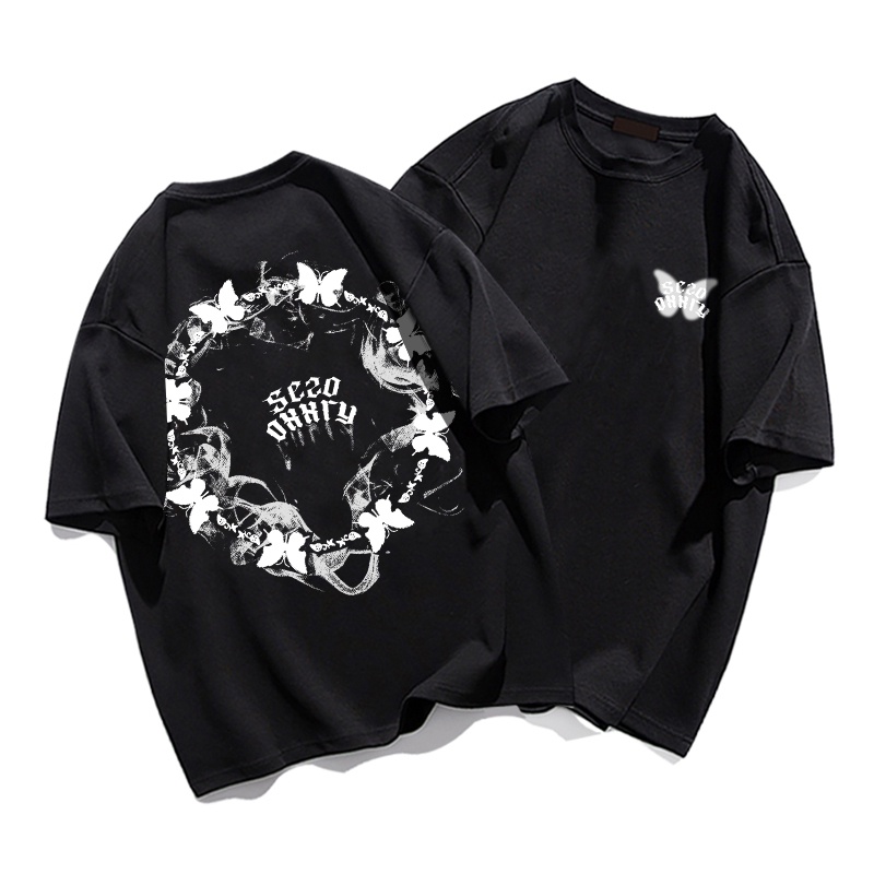 american retro butterfly print T-shirt import lengan pendek oversize kaos hitam ootd