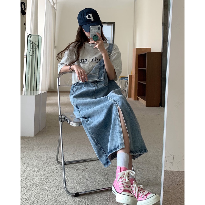 Red Kumikumi manis rok suspender pengurangan usia gaun denim tidak beraturan musim gugur rok mid-length celah kecil wanita