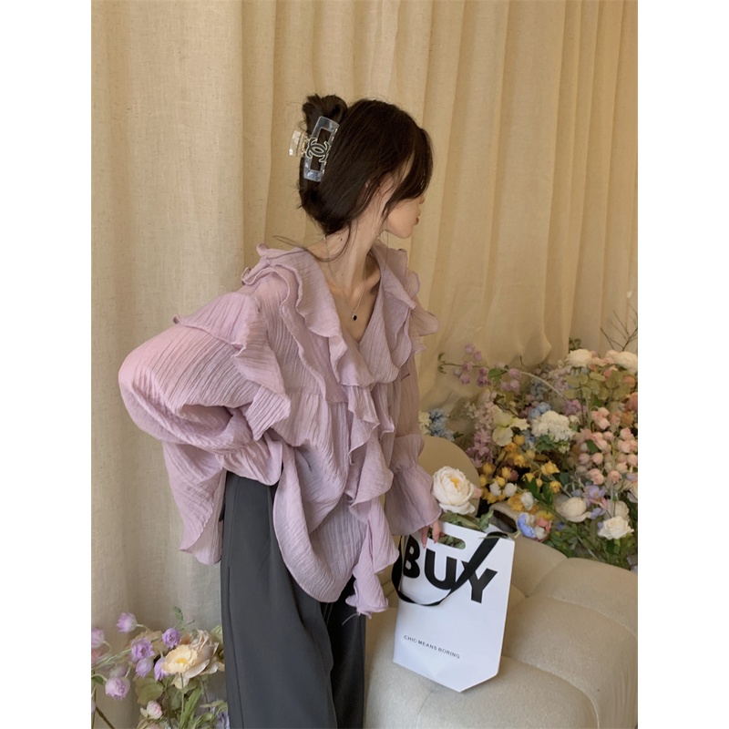 Red Angin lembut leher V lengan panjang kemeja sifon wanita musim semi Perancis chic ceruk longgar bagian tipis mengacak-acak bottoming top