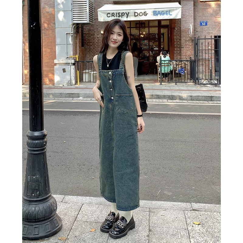 Red Kumikumi Hong Kong style retro old denim suspenders skirt wanita musim semi longgar slim mid-length dress tide