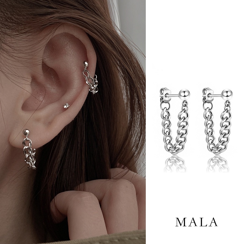 Anting Rumbai Rantai Korea Anting Tusuk Hip Hop Silver Untuk Unisex