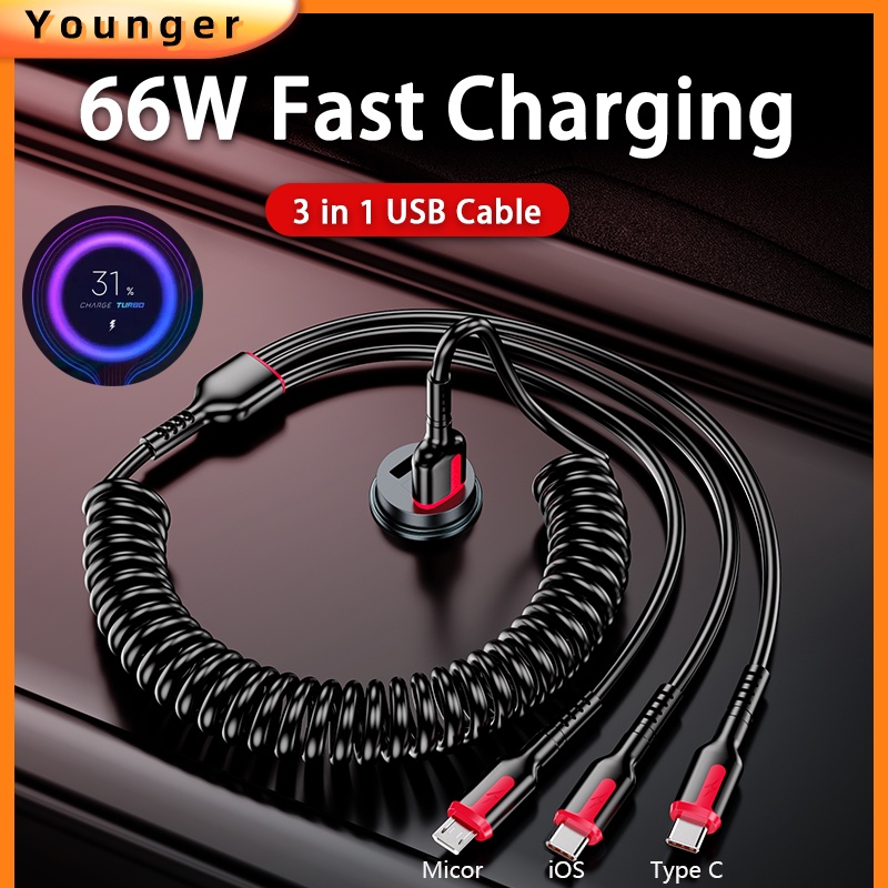 3in1 66W 5A Kabel Pengisian Cepat 3A Tipe C USB Micro Spring Charging line 1.8M Spring Retractable USB Car Charging Cables