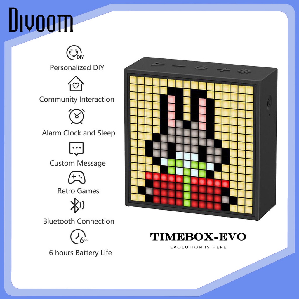 Divoom TimeBox Evo -- Pixel Art Bluetooth Speaker dengan Kontrol APLIKASI Tampilan LED 16x16 - Bingkai Animasi Keren &amp; Pengaturan Ruang Permainan &amp; Jam Alarm Samping Tempat Tidur- Hitam