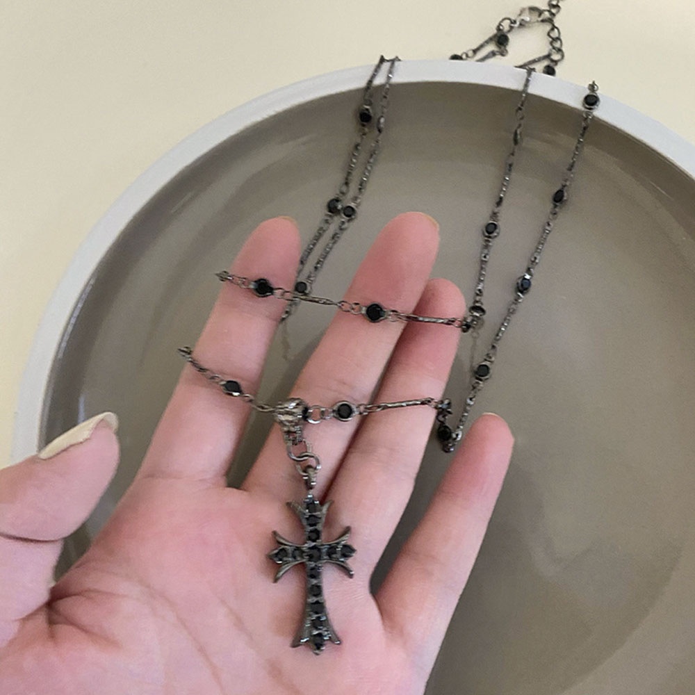 Punk Dark Cross Bead Double Layer Necklace Women's Long Necklace Necklace Jewelry Gift for Girlfriend Dark Black Zircon Cross Beaded Necklace Women's Summer Long Double-layer Lapto