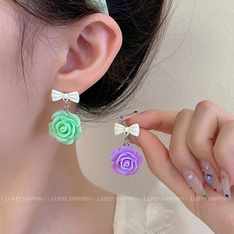 Musim Panas Sederhana Ladies Earrings Fashion Hijau Ungu Bunga Stud Earrings