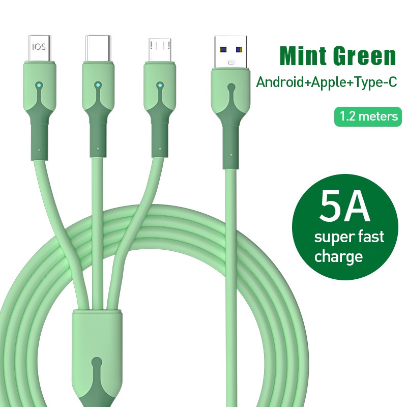 3in1 Silikon Cair 5A Kabel Pengisian Cepat Dengan Lampu 1.2M Smart Belt Lamp Data Line Untuk Model Pengisian Cepat Android Tipe C