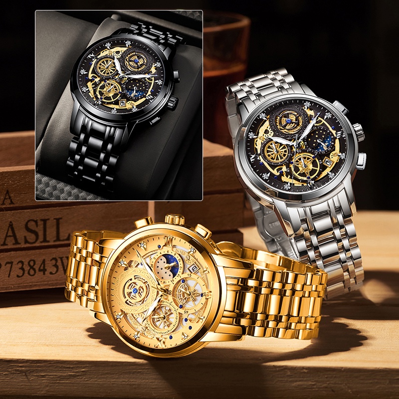 WISHDOIT Jam Tangan Pria Original Tahan Anti Air Laki Laki Lelaki Terbaru Keren Jam Tangan Cowok Besi Tahan Karat Silver/Hitam Luxury Men Watch Waterproof Stainless Steel Fashion Analog Sun/Moon/Stars Multifunction Chronograph Mechanical [Real Three Eyes]-5