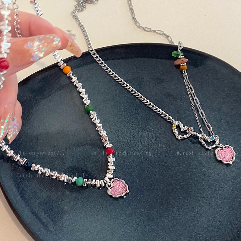 Set Kalung Geometris Hati Kristal Alloy Korea Untuk Wanita