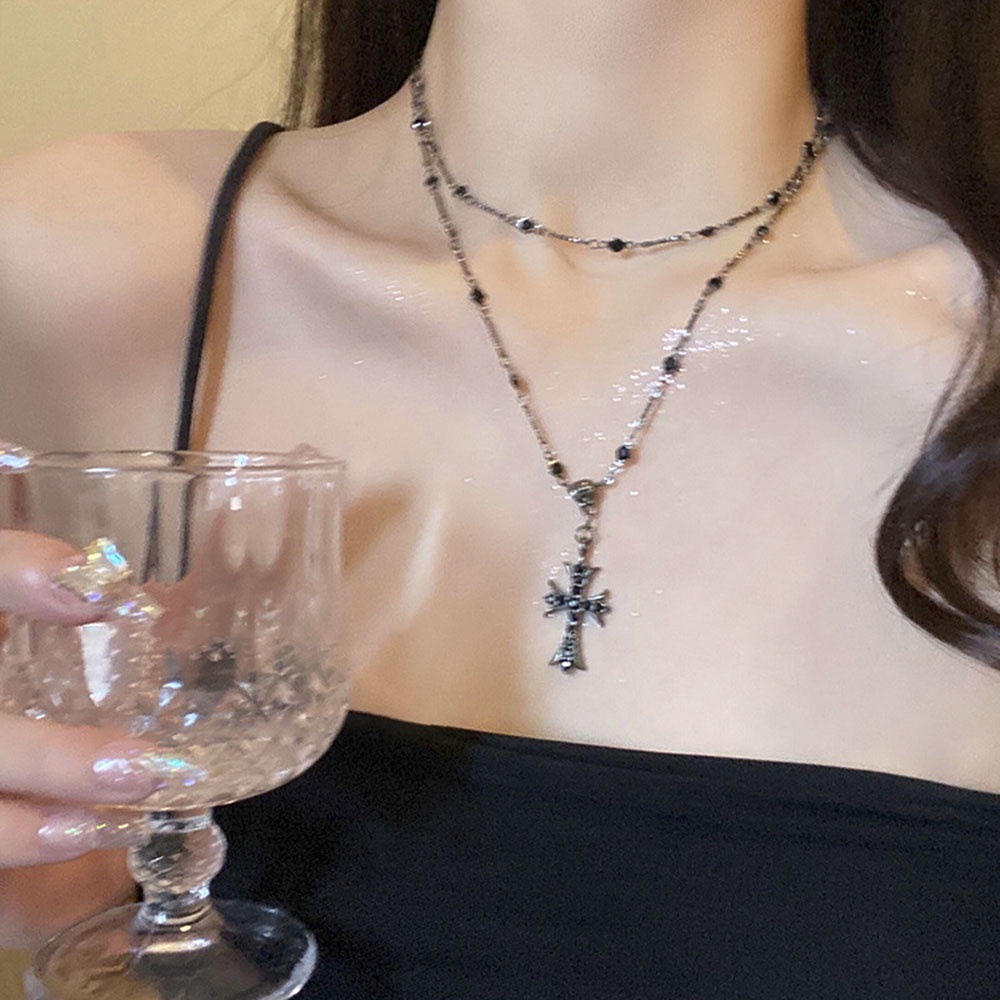 Y2k Double-layer Cross Pendant Kalung Wanita Gadis Kepribadian Panjang Manik-Manik Klavikula Rantai Perhiasan