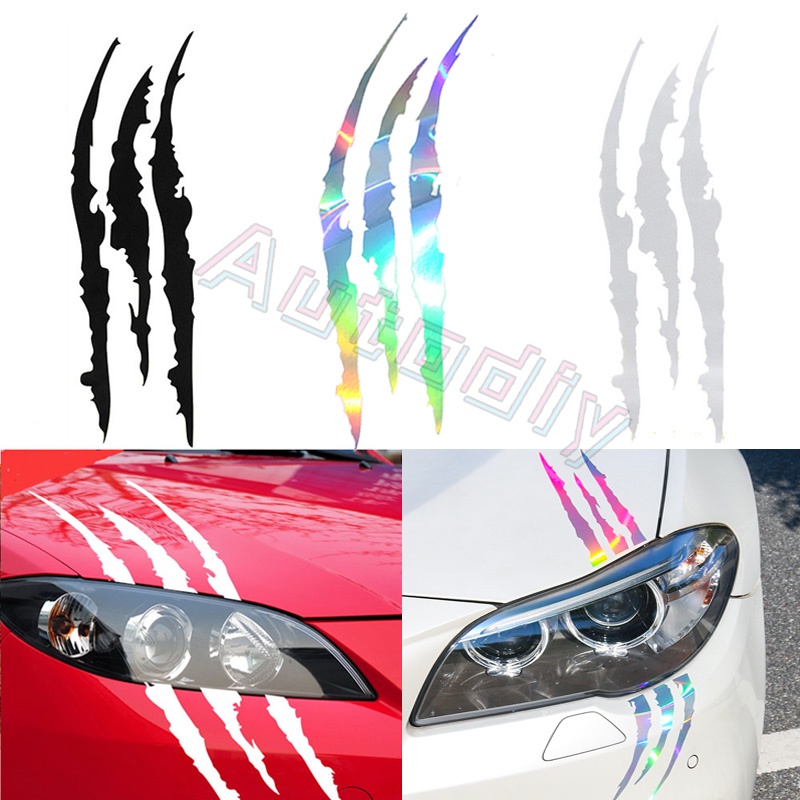 2pc Monster Cakar Gores Decal Stiker Reflektif Lampu Mobil Stiker Dekorasi Body Mobil Emblem Badge