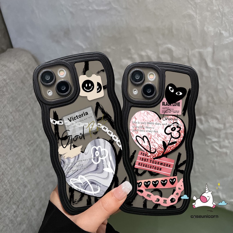 Ins Graffiti Phone Case Kompatibel Untuk iPhone 7plus 8plus 11 14 13 12 Pro Max 6 6s 8-7 Plus XR 14Plus X XS Max SE 2020 Lucu Cinta Hati Comme des Garcons Lembut TPU Cover