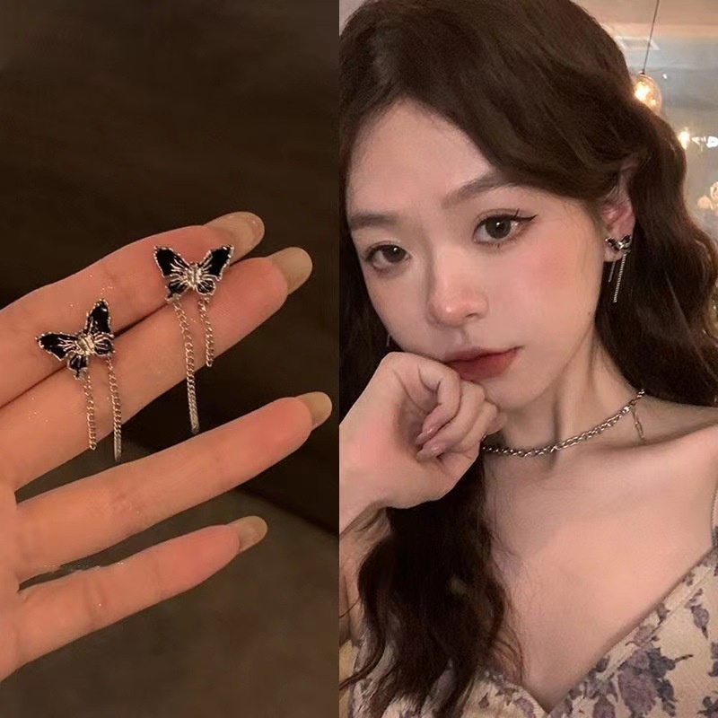 925jarum Perak Gadis Keren Anting Rumbai Untuk Wanita Anting Kupu-Kupu Hitam