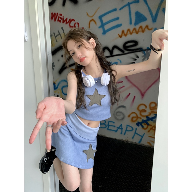 Red Kumikumi hot girl suit perempuan bintang berujung lima tanpa lengan rompi pendek musim panas pinggang tinggi setengah panjang rok pendek two-piece set