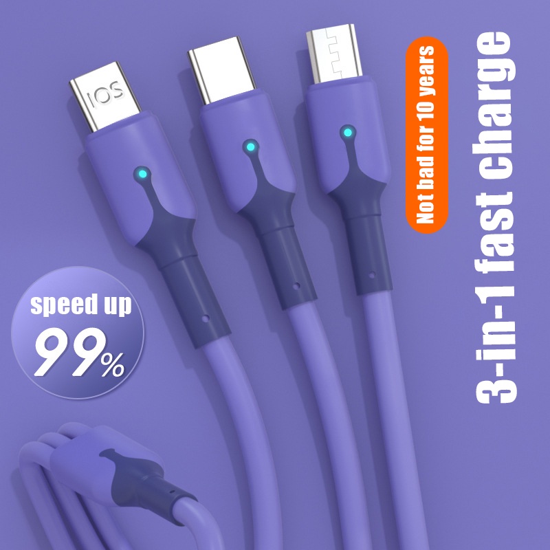 3in1 Silikon Cair 5A Kabel Pengisian Cepat Dengan Lampu 1.2M Smart Belt Lamp Data Line Untuk Model Pengisian Cepat Android Tipe C