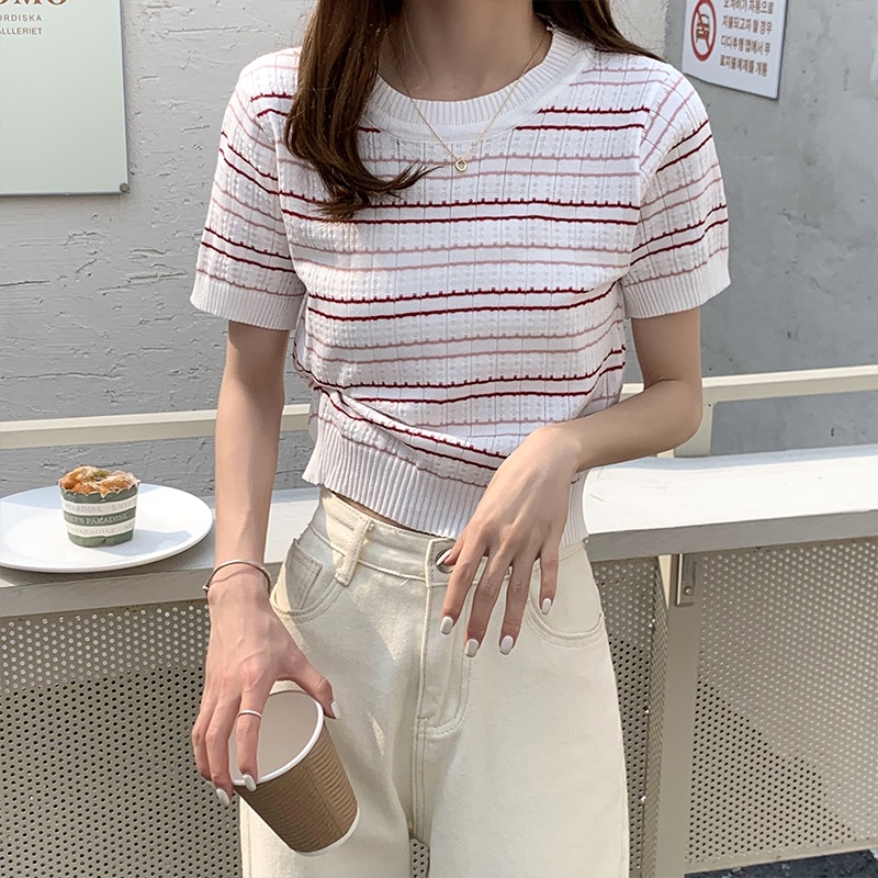 Knit Crop Top Lengan Pendek Wanita Baju Salur Outfit Korea