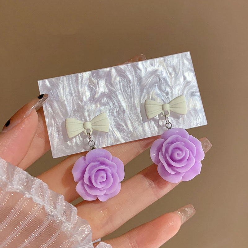 Musim Panas Sederhana Ladies Earrings Fashion Hijau Ungu Bunga Stud Earrings