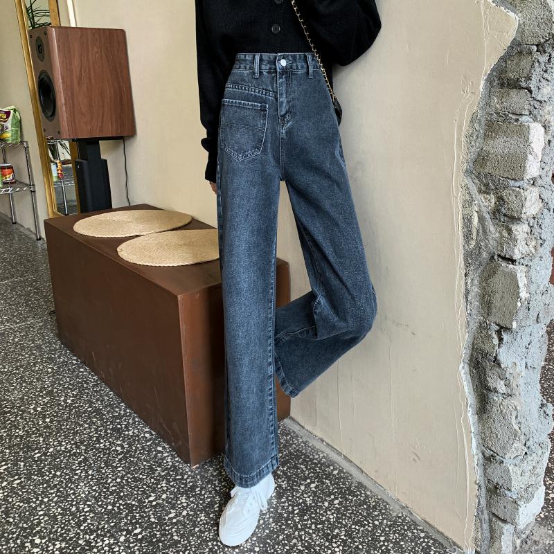 EUNII Celana Jeans Wanita Retro Hitam High Waist Straight Pants Korean Style