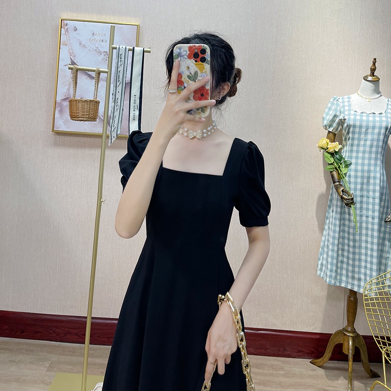 EUNII Versi Maxi Gaun hitam Minimalis Lengan Pendek Untuk Wanita Korean Style