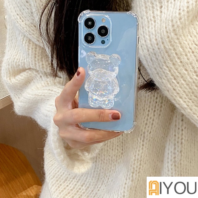 IPHONE Cute Bear Clear Ring Holder bracket Casing Ponsel Silikon Lembut Untuk Iphone14 13 12 11 Pro Max XR X XS 6 7 8 Plus SE Mini bumper Cover