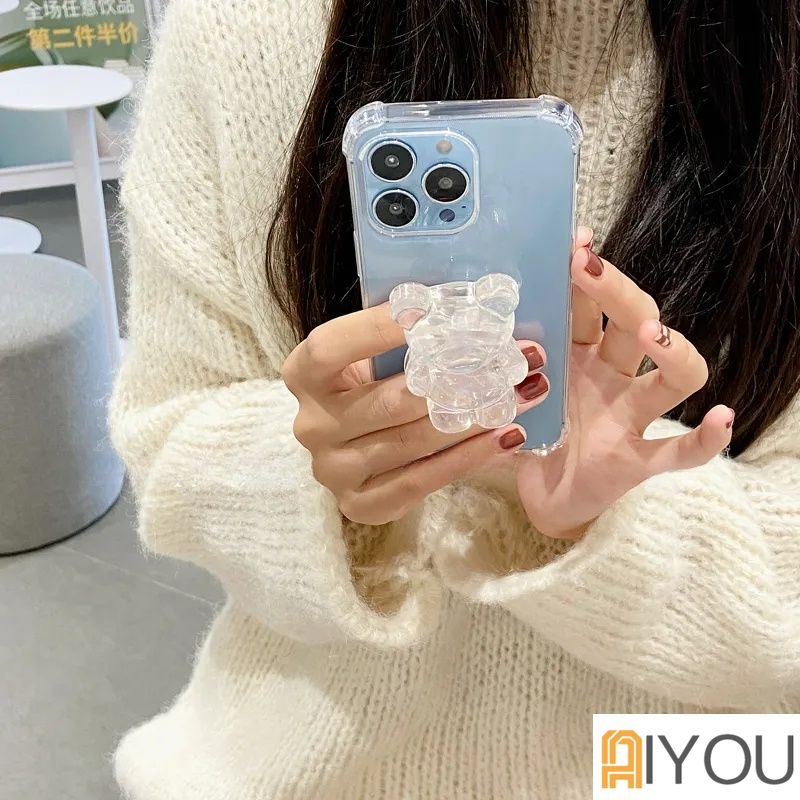 IPHONE Cute Bear Clear Ring Holder bracket Casing Ponsel Silikon Lembut Untuk Iphone14 13 12 11 Pro Max XR X XS 6 7 8 Plus SE Mini bumper Cover