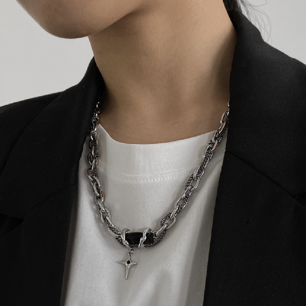 Kalung Zirkon Hitam hexagonal black square star necklace fashion Kepribadian Pasangan