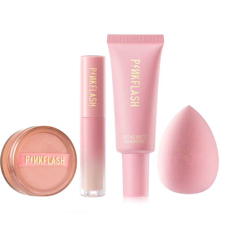 4PCS [BPOM&amp;ORI] PINKFLASH Summer Oil-control Base Foundation Loose Powder Concealer Waterproof Long-lasting Makeup Set