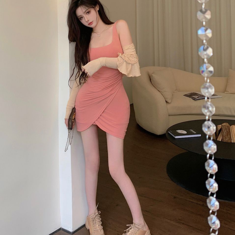 Red Gadis panas keinginan murni sling dress wanita musim semi keinginan murni angin celah ibu rok pendek rok pinggang bottoming tas pinggul rok