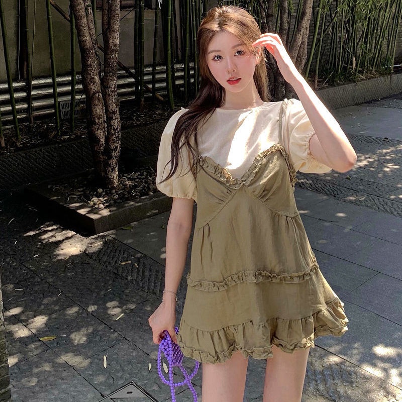 Red Gaun suspender pengurang usia retro untuk wanita musim panas setelan dua potong kecil rok a-line kasual rok pendek t-shirt atasan