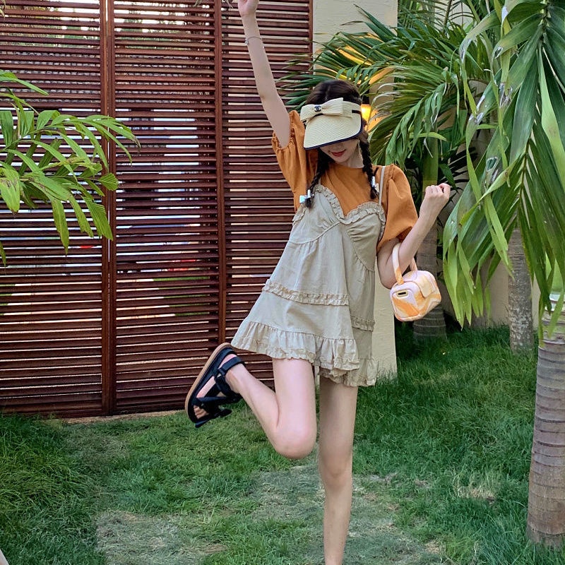 Red Gaun suspender pengurang usia retro untuk wanita musim panas setelan dua potong kecil rok a-line kasual rok pendek t-shirt atasan