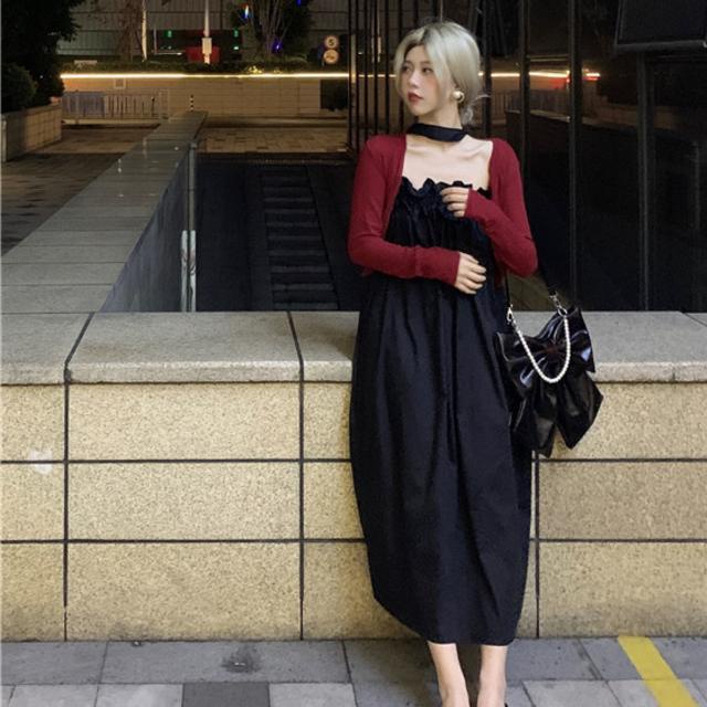 Red Halter neck lace tube top black dress peri musim panas temperamen slim French two-piece suit mid-length skirt