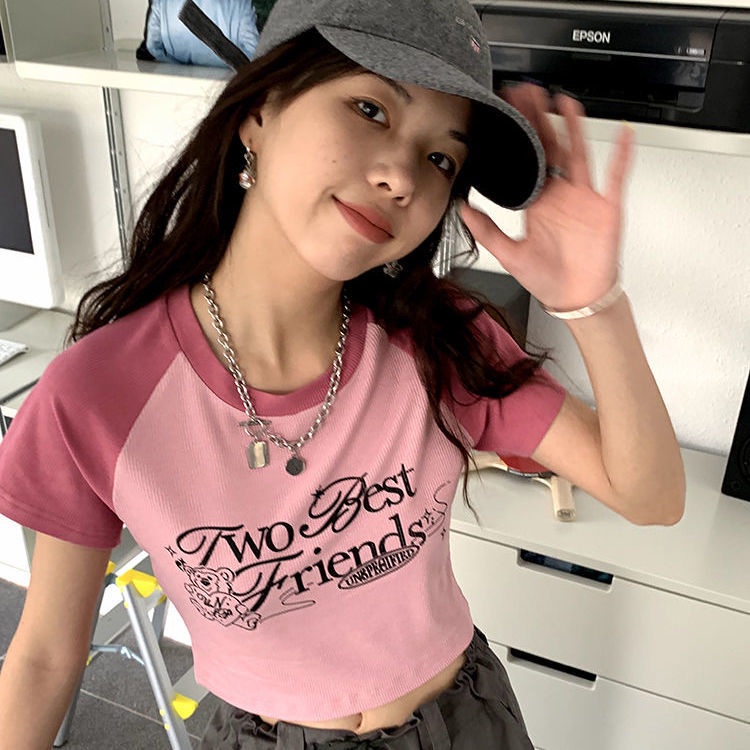 Red Merek trendi Amerika pemblokiran warna t-shirt lengan pendek wanita musim panas rasa desain ceruk pink slim hot girl bf angin atasan pendek