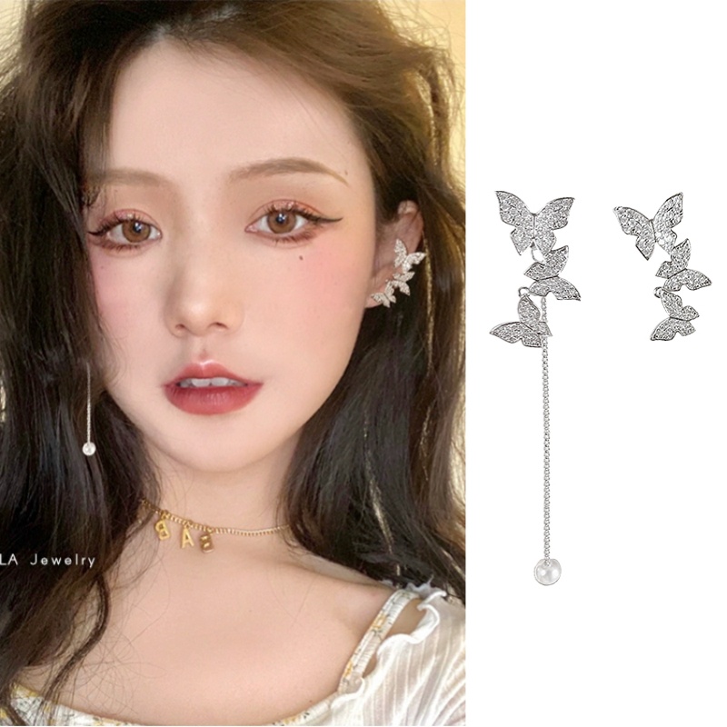 Anting Rumbai Kupu-Kupu Berlian Berkilau Desain Asimetris Perempuan Korea vintage Berlebihan